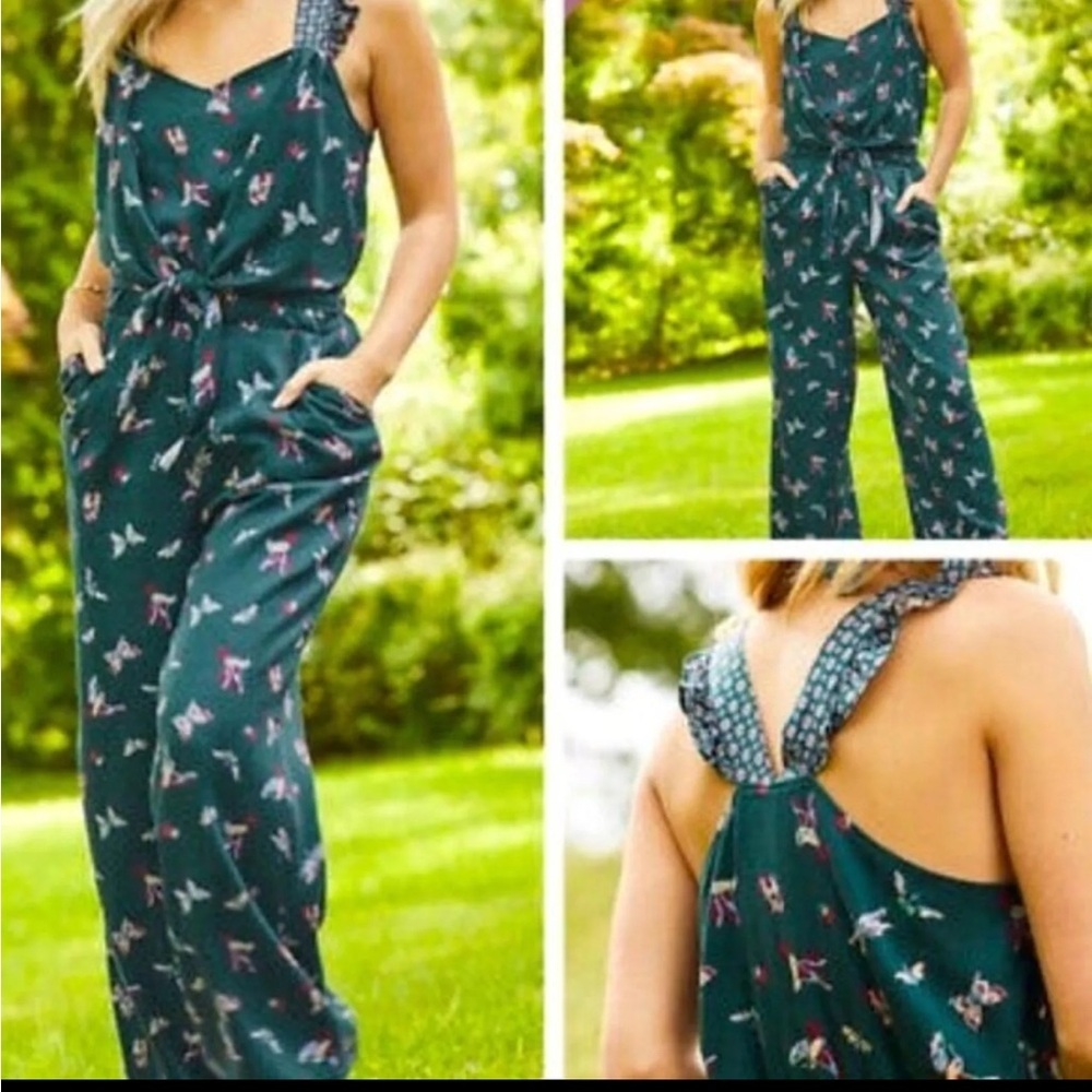 Matilda Jane Evergreen Dream Jumpsuit Small Green Pockets ruffle straps pants